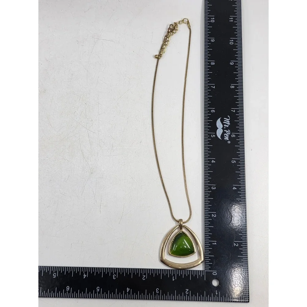 Green Gold Tone Triangle Pendant Necklace and Tiered Teardrop Earring Set
